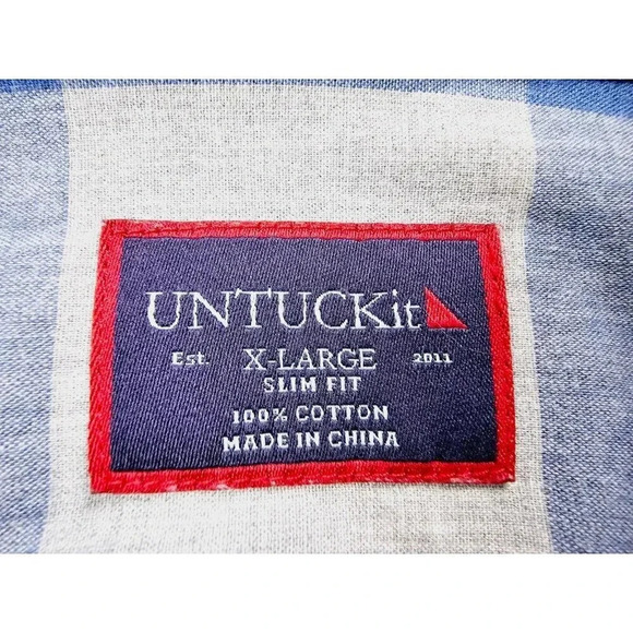 Untuckit Slim Fit Size XL Men's Gray Blue Large Check Long Sleeve Cotton Shirt - Picture 4 of 11